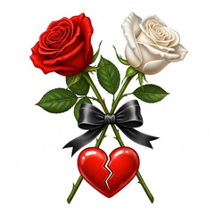 Two roses, one red and one white, with crossed stems, tied with a black bow above a broken red heart.