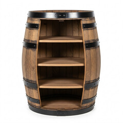 Wooden barrel shelf unit with four interior shelves and metal bands.