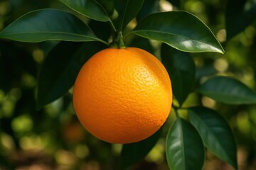 An orange hanging from a tree with green leaves