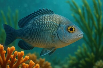 A fish swimming in the ocean near a coral reef