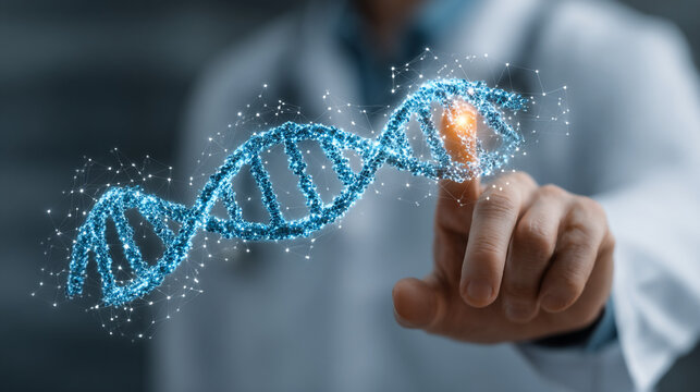 Doctor touching a digital dna strand in a medical setting. - Powered by Adobe