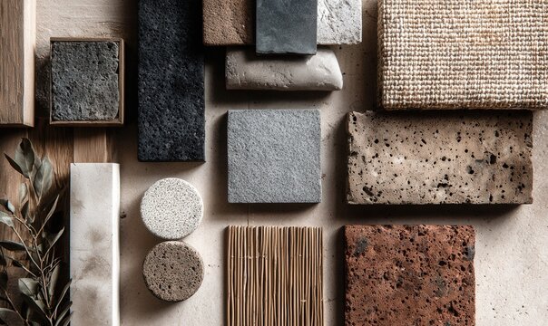raw natural interior materials, stone, clay, woven fibers, earthy palette, biophilic design
