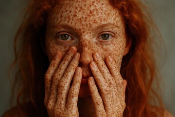 A woman with freckles covering her face with her hands