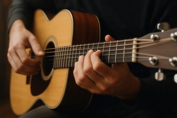 Fototapeta premium A person playing an acoustic guitar in a dark room