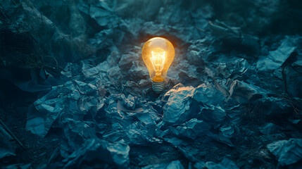 Glowing lightbulb amidst crumpled papers; symbolic image representing idea breakthrough, innovation, and overcoming obstacles.