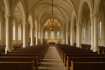 Obraz premium A church with pews and a chandelier in the middle of it