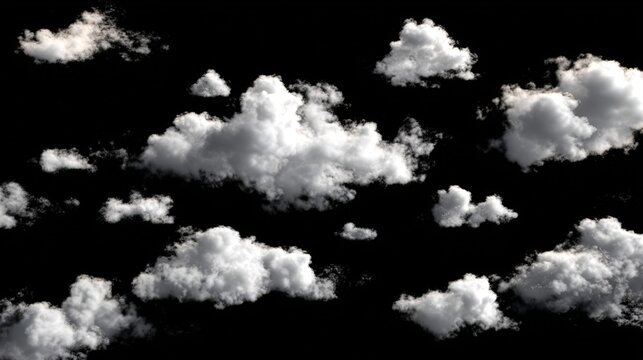Fluffy white cumulus clouds isolated on black background ideal for design projects weather graphics and compositing