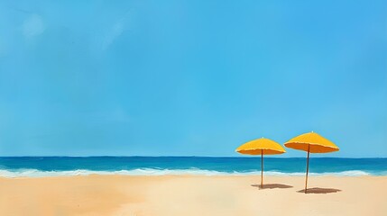 Sunshine Serenity: Two vibrant umbrellas stand guard on a pristine beach. Capture the warmth, freedom, and endless tranquility of a perfect day by the sea.