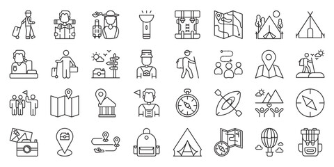 Adventure Tourism Destinations set of web icons in line style. adventure tourism, travel adventure spots, tourist adventure places and extreme destinations. Vector illustration.