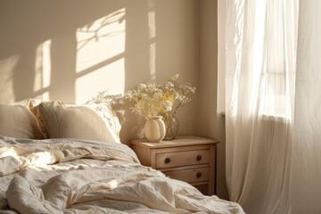 Modern Bedroom with Linen Bedding and Wooden Nightstand – Sunlight, Soft Pillows, and Warm Minimalist Style