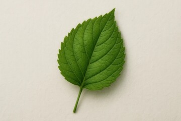 A single green leaf on a white surface