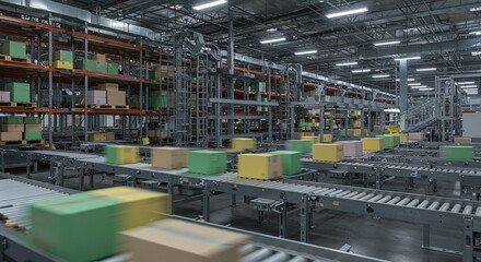 Fototapeta premium Automated Warehouse Conveyor System with Moving Boxes