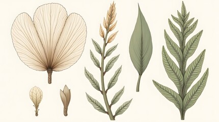 Fototapeta premium An elegant set of botanical illustrations featuring various leaves and a seed pod. Delicate line art style, perfect for sophisticated nature-themed designs.