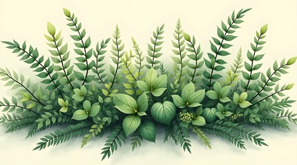 Naklejka premium A lush arrangement of various green ferns and foliage. A dense, natural background representing a forest floor, jungle, or abundant plant life.