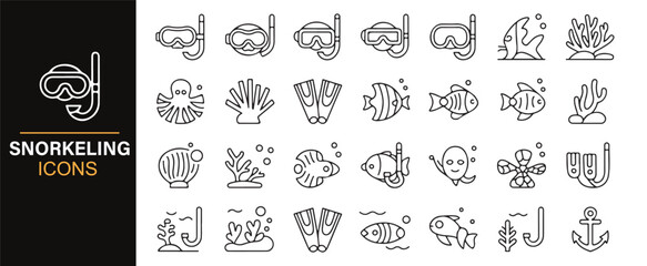 Black and White Snorkeling Icon Collection for Water Sports