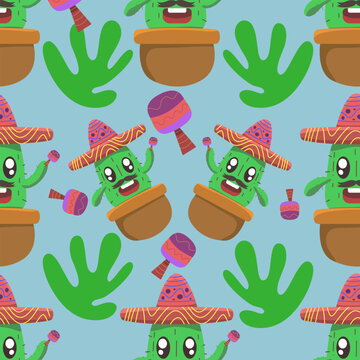 Fun cactus fiesta seamless pattern with maracas. Perfect for party invitations, Mexican themed designs, chinco de mayo, textiles, wrapping paper, and stationery.