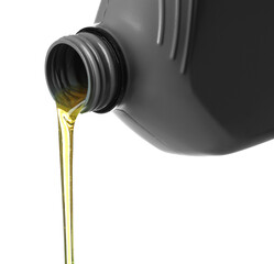 Pouring motor oil from grey canister isolated on white