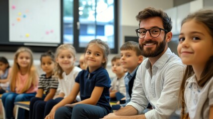 Obraz premium Group of Diverse Children Sitting in Modern Classroom with Teacher Explaining