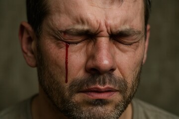 Obraz premium A man with a bloody face is staring at the camera