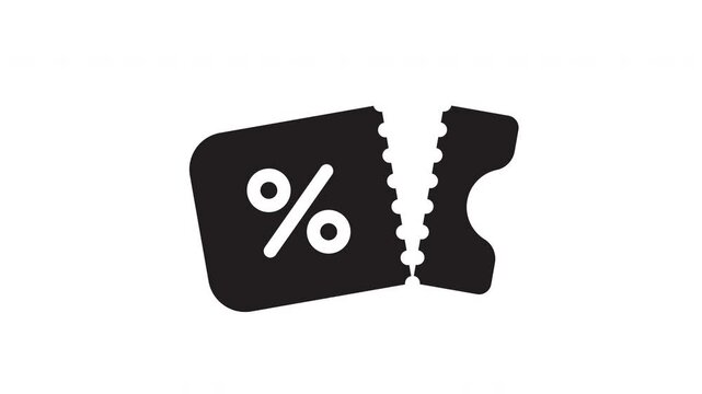Animated coupon icon with a percent sign tears in half, symbolizing a discount or special offer. Minimal flat design on white background. Perfect for promo, sale. 4K, alpha channel..