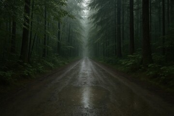 Obraz premium A dirt road in the middle of a dark forest