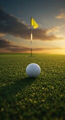 Obraz premium Sunset Golf A Golf Ball on the Green Awaits the Final Putt