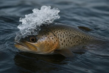 A brown trout with ice on its head in the water