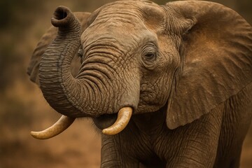 A close up of an elephant with tusks in its mouth