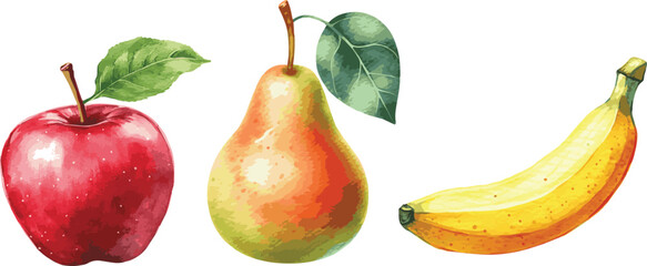 Vector watercolor painted illustration of a vector watercolor panintings of apple, pear and banana © Mantella