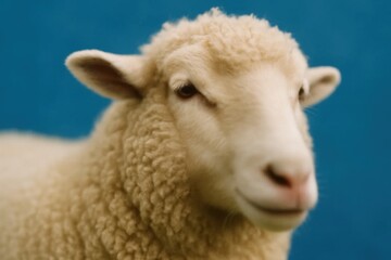 A close up of a sheep with a blue background