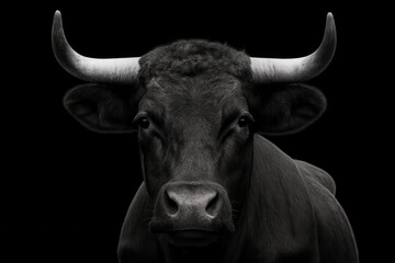 A black and white photo of a bull with large horns