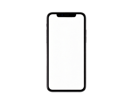 A smartphone with a white screen on a black background in portrait mode isolated on transparent background