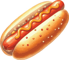 Vector watercolor painted illustration of a hot dog