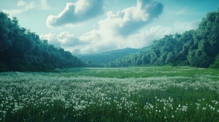 Cinematic Scene of Vast Meadow with Soft Grass and Flowers, Surrounded by Forest
