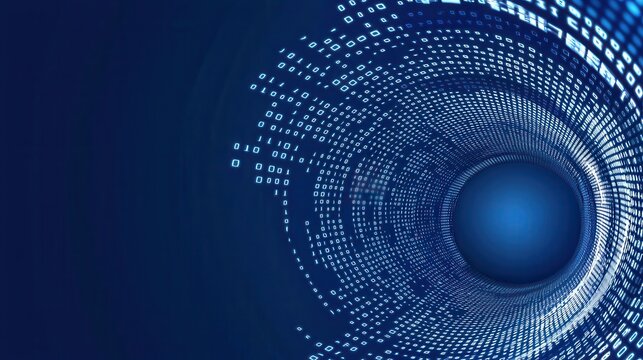 Digital vortex of binary code with glowing sphere in the center illustrating technology concept