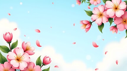 Beautiful pink cherry blossoms frame a bright blue sky with falling petals. A vibrant and cheerful illustration celebrating the beauty of spring.