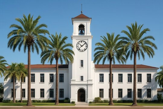 A large white building with a clock tower surrounded by palm trees - Powered by Adobe