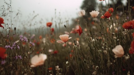 Muted Color Flower Field Landscape – Soft Natural Scene