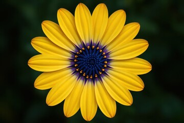Obraz premium A yellow flower with a blue center on a green background
