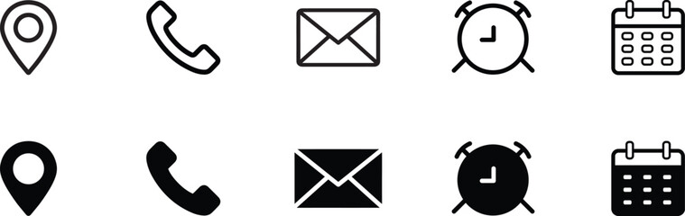 Set of Phone, Email, Location, Time, Clock, Date, Calendar icons . web and contact icon set . vector illustration . 