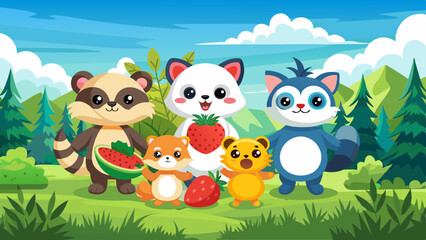 animals, cartoon, fruits, berries, greenery, forest, mountains, sky, sun, clouds