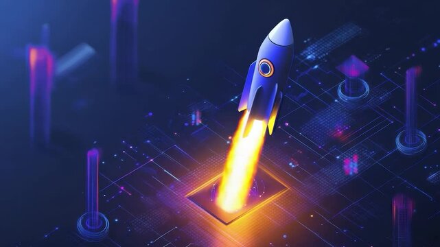Futuristic rocket launching from digital network.