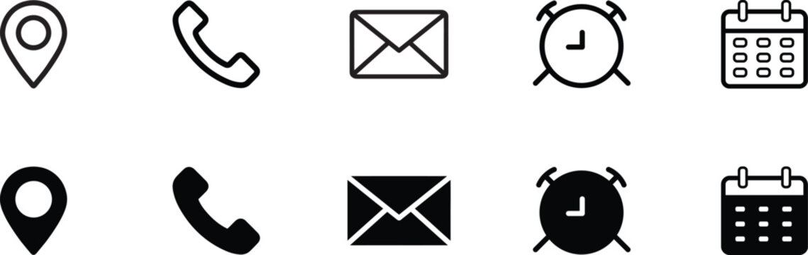 Set of Phone, Email, Location, Time, Clock, Date, Calendar icons . web and contact icon set . vector illustration . 