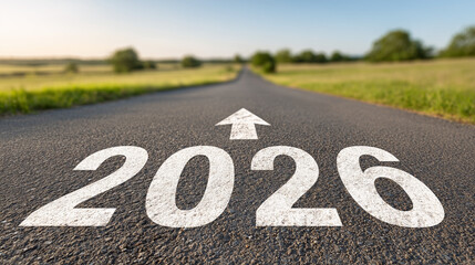 Obraz premium New Year 2026. Road to 2026. An asphalt road with “2026” and a white arrow forward symbolizes progress, planning for the future, goal setting and new beginnings 