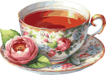 Beautiful watercolor drawing vector drawing of a cup of tea with dried orange and decorative leaves