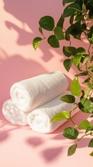 Neatly Rolled White Organic Cotton Towel with Green Plant on Pink Background