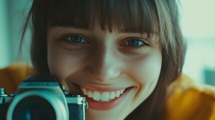 Y2K Style Close-Up of Smiling Person with Fashionable Camera Movement