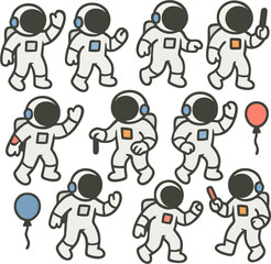 Cute Astronaut Pattern Vector – Hand Drawn Seamless Space Explorers with Balloons and Party Pose