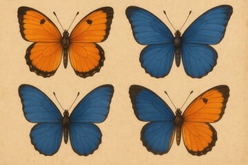 Obraz premium A set of four blue and orange butterflies on a beige background