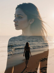 Double exposure: young woman and seascape at sunset
